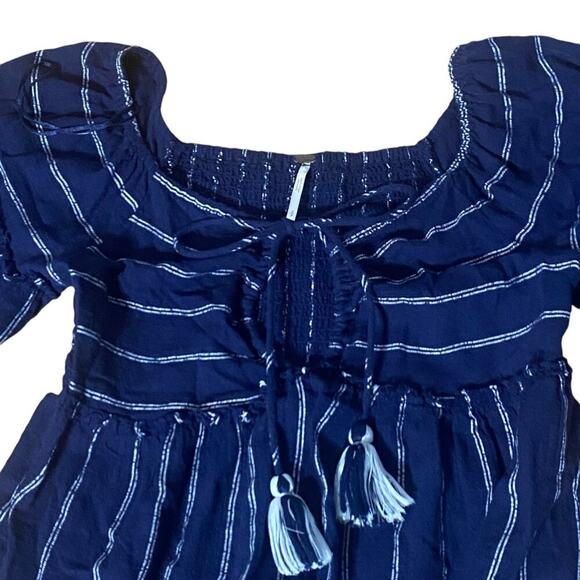 Free People Evey Peasant Top Tie Neck Navy White Striped Balloon Sleeves Small - Picture 4 of 9